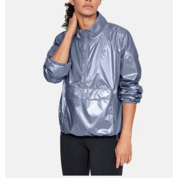 Under Armour Women's Blue Silver Woven Metallic Anorak Pullover Jacket 1/4 Zip M - Picture 1 of 12